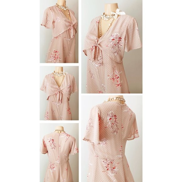 NEW Beige Polka Dots Short Sleeve Tie Front Romper - Picture 4 of 10